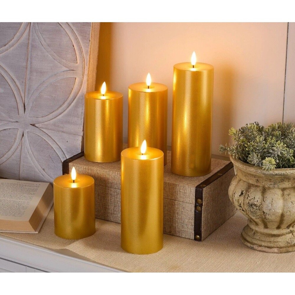 5-pc Flameless Pillar Candles with Gift Box - Home Reflections Gold Metallic